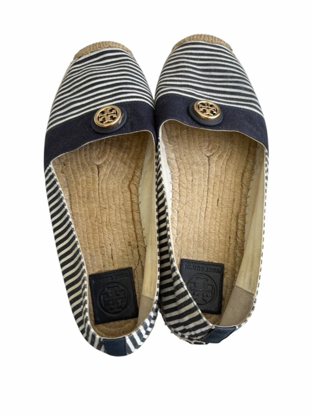 Tory Burch navy / white stripe espadrilles with gold logo